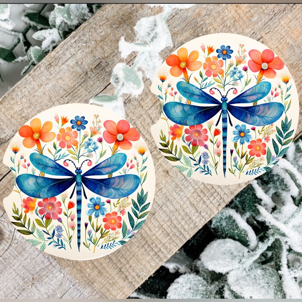 Handmade Blue Dragonfly Car Coasters | New SET of Two Sublimated Car Coa…